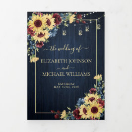 Sonnenblume Navy Blue Burgundy Wood Floral Hochzei Dreifach Gefaltete Einladung