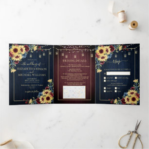 Sonnenblume Navy Blue Burgundy Wood Floral Hochzei Dreifach Gefaltete Einladung