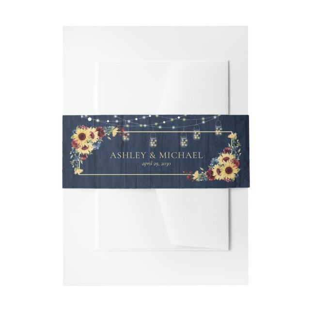 Sonnenblume Navy Blue Burgundy Wood Floral Hochzei Einladungsbanderole (Vorderseite Beispiel)