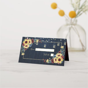 Sonnenblume Navy Blue Burgundy Wood Floral Hochzei Platzkarte