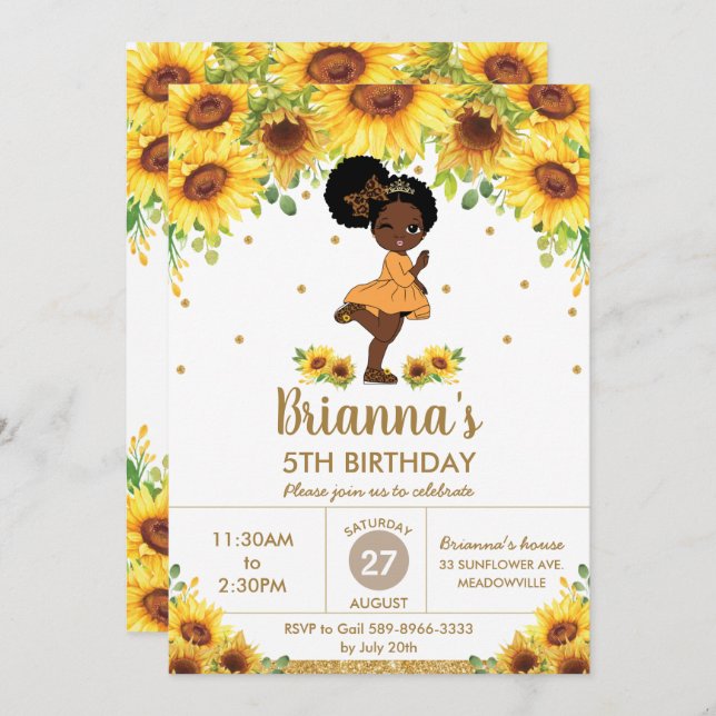Sonnenblume Niedliches Afrikanisches Mädchen Gebur Einladung (Vorne/Hinten)