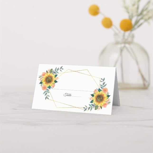 Sonnenblume Peach Floral Geometric Wedding Platzkarte (Vorderseite)