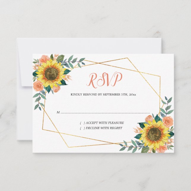 Sonnenblume Peach Floral Geometric Wedding RSVP Karte (Vorderseite)