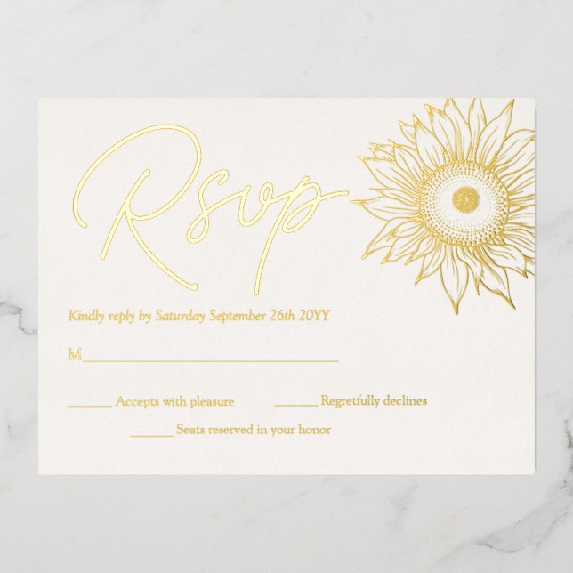 Sonnenblume Real Gold Foil Minimalistisch RSVP Car Folie Einladungspostkarte (Vorderseite)