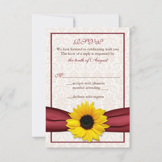 Sonnenblume Red Ribbon Damask Wedding RSVP Card (Vorderseite)