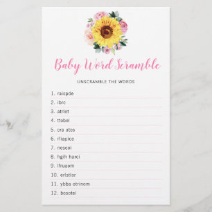 Sonnenblume Rosa Blumenblume Baby Dusche Word Spie