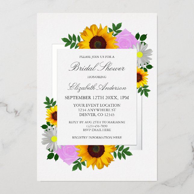 Sonnenblume Rose Daisy Floral Brautparty Folieneinladung (Vorderseite)