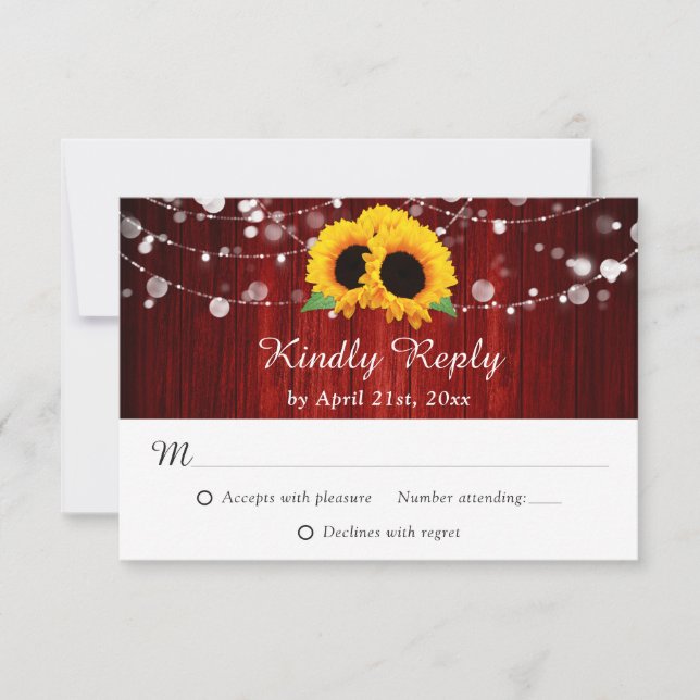 Sonnenblume Rot rustikale Holz String Lichter Hoch RSVP Karte (Vorderseite)