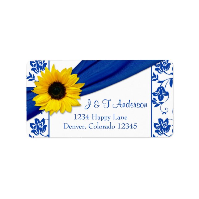 Sonnenblume Royal Blue Damask Hochzeitsfeier Rücks Adressaufkleber (Vorne)