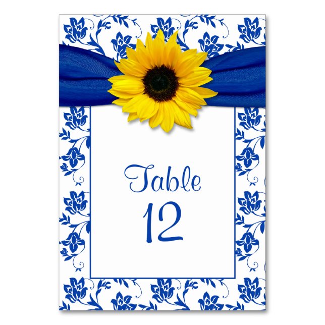 Sonnenblume Royal Blue Floral Muster Hochzeit Tischnummer (Vorderseite)