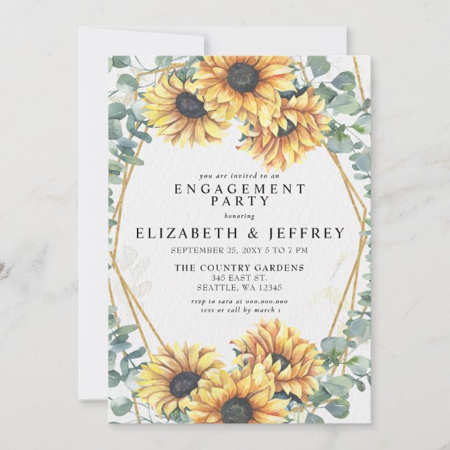 Sonnenblume Rustic Geometric Gold Engagement Party Einladung (Vorderseite)