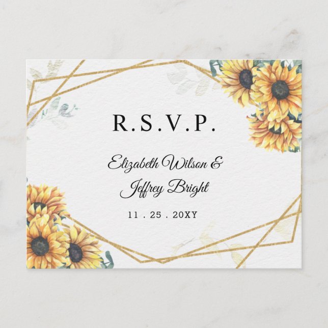 Sonnenblume Rustic Geometric Gold Wedding RSVP Einladungspostkarte (Vorderseite)