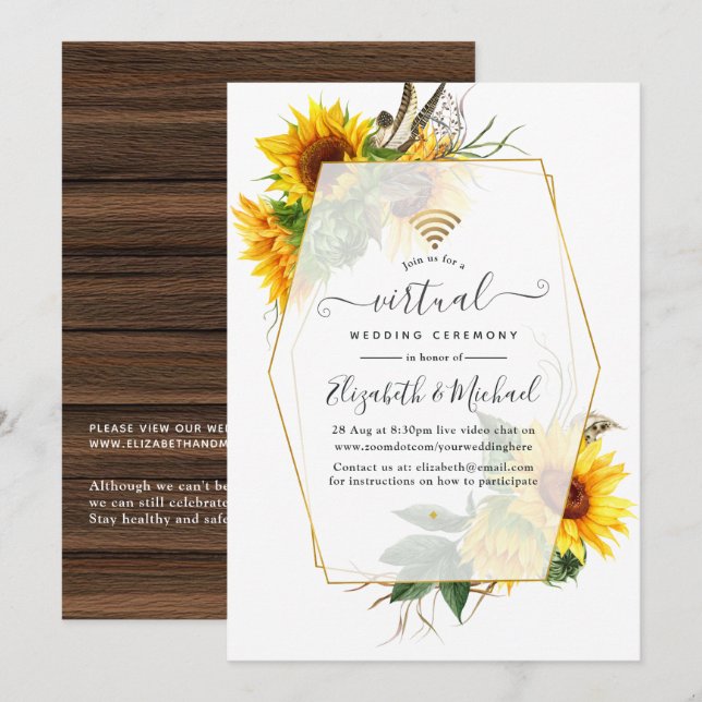 Sonnenblume Rustic Geometric Online Virtual Weddin Einladung (Vorne/Hinten)