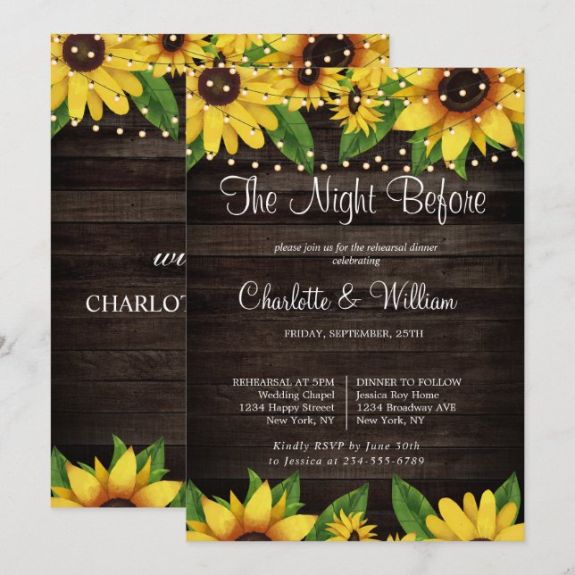 Sonnenblume Rustic Holzwinger Probe Abendessen Einladung (Vorne/Hinten)