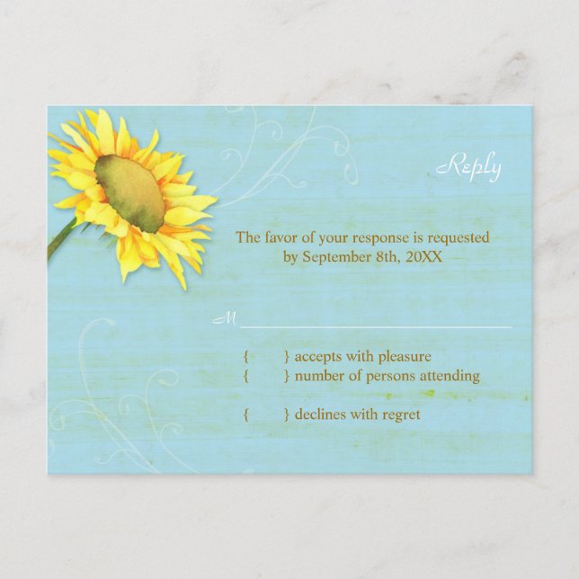 Sonnenblume Rustic Pale Blue Wedding RSVP Card Einladungspostkarte (Vorderseite)