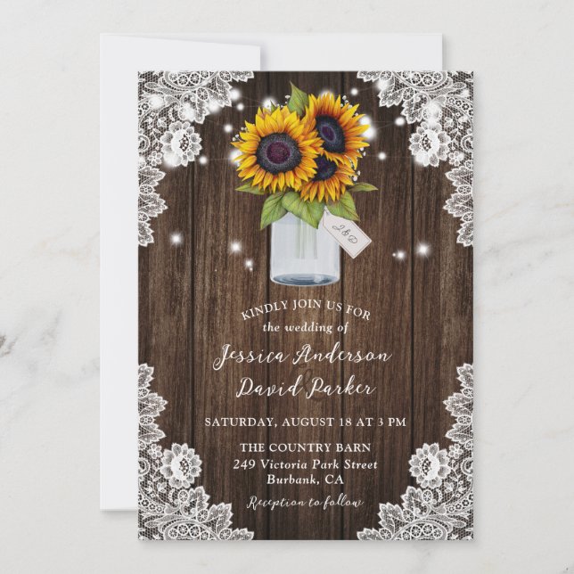 Sonnenblume Rustic Wood Mason Jar Wedding Einladung (Vorderseite)