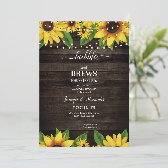 Sonnenblume Rustic Wood String Engagement Party Einladung (Stehend Vorderseite)
