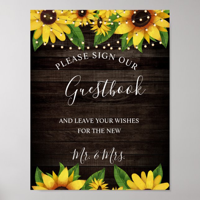 Sonnenblume Rustic Wood String Wedding Gästebuch (Vorne)