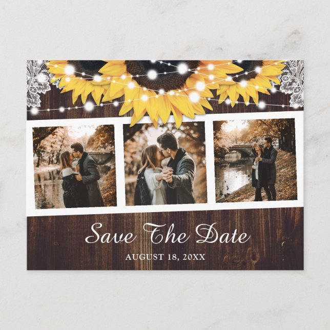 Sonnenblume Rustic Wood Wedding Foto Save the Date Ankündigungspostkarte (Vorderseite)