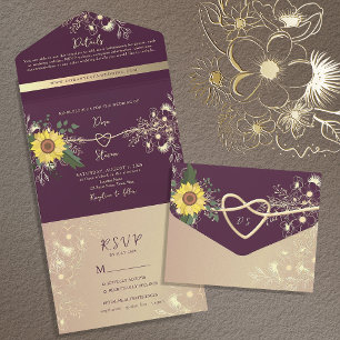 Sonnenblume Rustikal Elegant Lila Hochzeit All In One Einladung