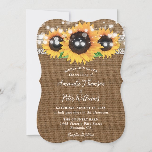 Sonnenblume Rustikale Burlap Hochzeit Einladung (Vorderseite)