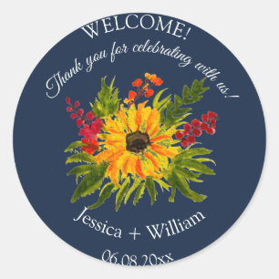 Sonnenblume Rustikale Florale Wasserfarbe Navy Hoc Runder Aufkleber