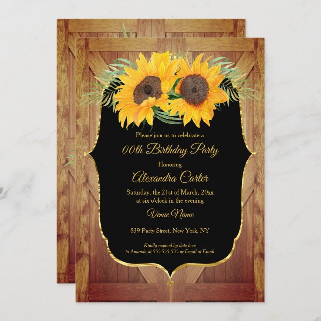 Sonnenblume rustikale Scheunentür Schwarzes Party Einladung (Vorne/Hinten)