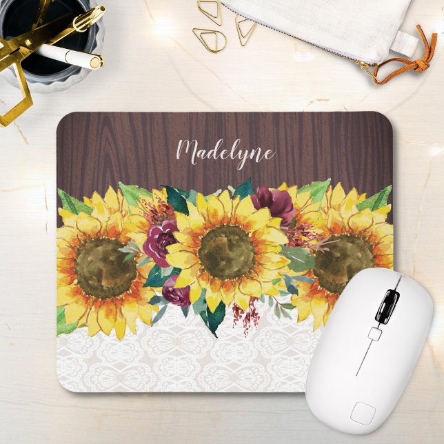 Sonnenblume Rustikaler Personalisierter Name Mousepad (Von Creator hochgeladen)