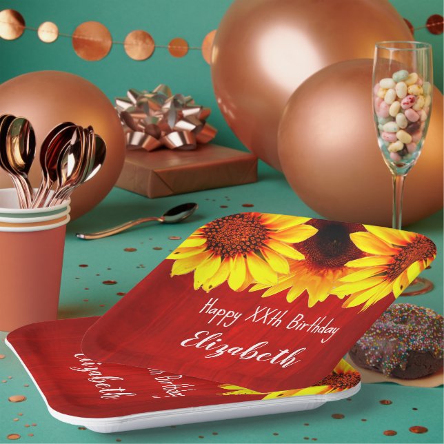 Sonnenblume Rustikales Holz Geburtstag Pappteller (Multi)