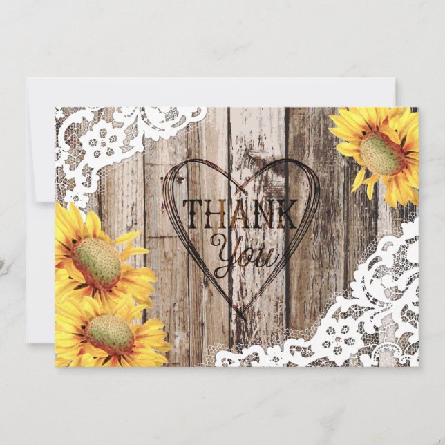 Sonnenblume Rustikales Holz Spitzen und Herz Viele Dankeskarte (Vorderseite)