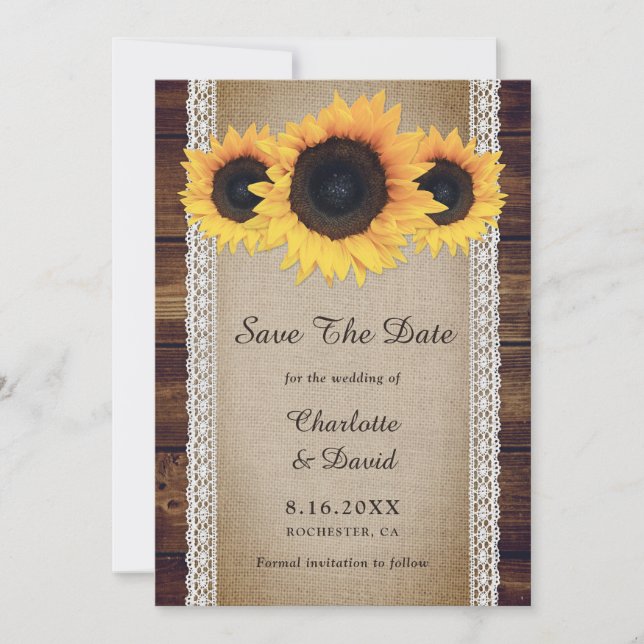Sonnenblume Rustikales Land Holz Burlap Lace Hochz Save The Date (Vorderseite)