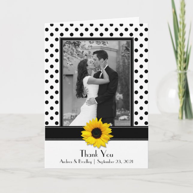 Sonnenblume Schwarz-weiß Polka Dot Wedding Vielen  Dankeskarte (Vorderseite)