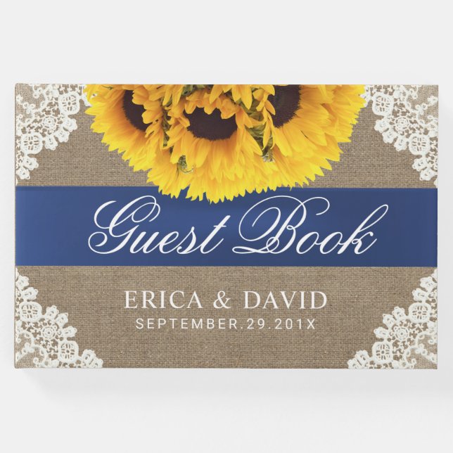 Sonnenblume Spitzen & Burlap Blue Ribbon Rustikale Gästebuch (Vorderseite)