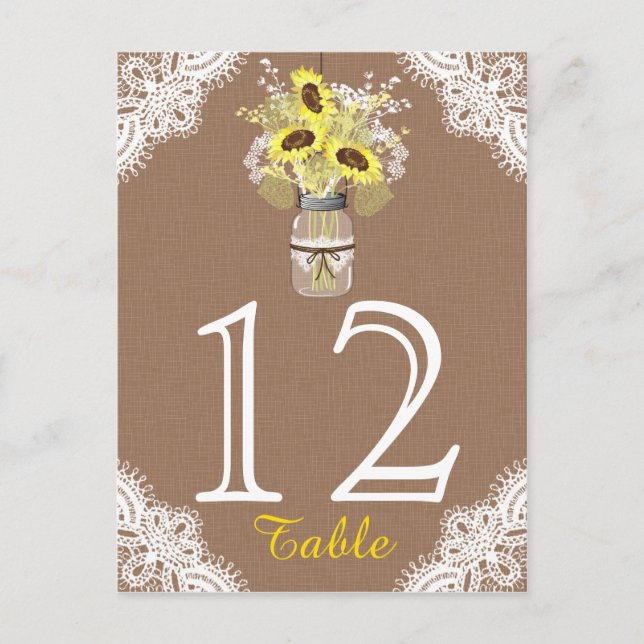 Sonnenblume Spitzen Mason Jar Rustic Wedding Table Postkarte (Vorderseite)