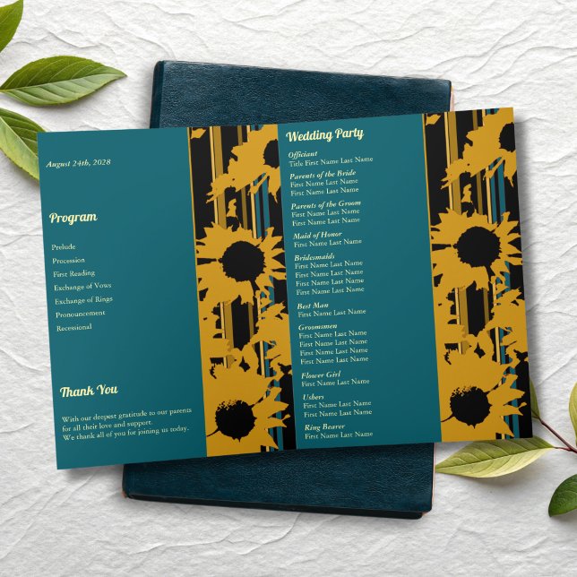 Sonnenblume Teal Blau Gold Moderne Gefaltete Hochz Programm (Von Creator hochgeladen)