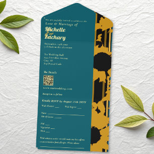 Sonnenblume Teal Blau Gold Moderne Hochzeit All In One Einladung