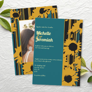 Sonnenblume Teal Blau Gold Moderne Hochzeit Einladung