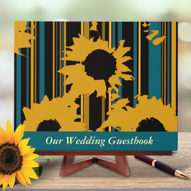 Sonnenblume Teal Blau Gold Moderne Hochzeit Gästebuch (Von Creator hochgeladen)
