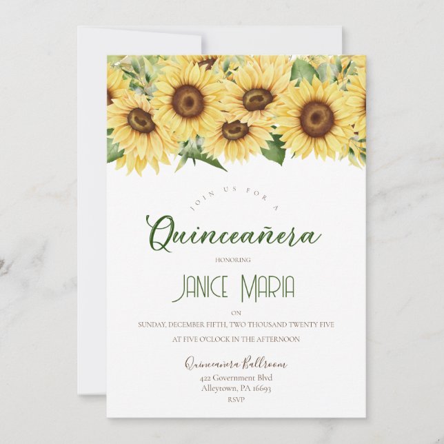 Sonnenblume Tiara Quinceañera Einladung (Vorderseite)
