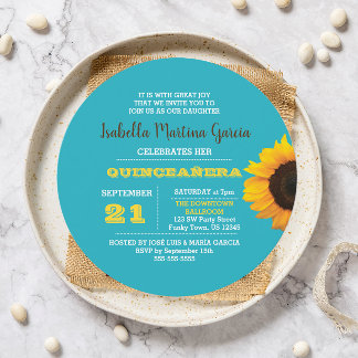 Sonnenblume Türkis Rundquinceñera Einladung