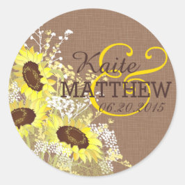 Sonnenblume und Burlap-Hochzeitssymbol Runder Aufkleber