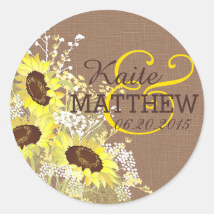 Sonnenblume und Burlap-Hochzeitssymbol Runder Aufkleber