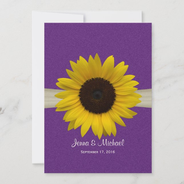 Sonnenblume und Burlap-Lila Hochzeit Einladung (Vorderseite)