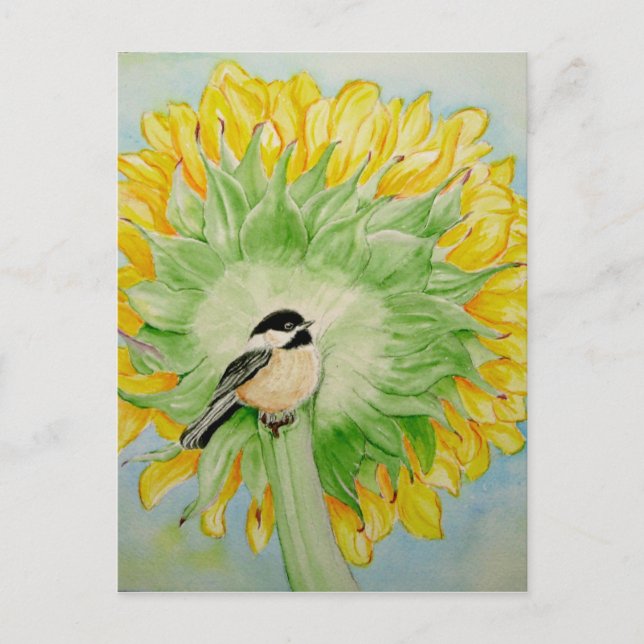 Sonnenblume und Chickadee Postkarte (Vorderseite)