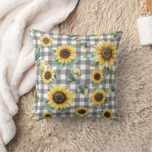 Sonnenblume und Gingham Rustikales Bauernhaus Kissen