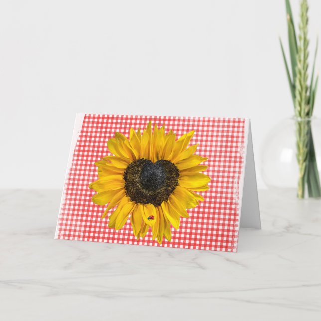 Sonnenblume und Ladybug zu Gingham Karte (Vorderseite)
