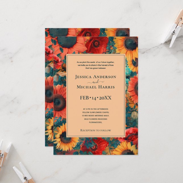 Sonnenblume und Mohnreverie Einladung (Vorderseite/Rückseite Beispiel)