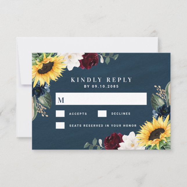 Sonnenblume und Navy Blue Magnolia Burgundy Weddin RSVP Karte (Vorderseite)