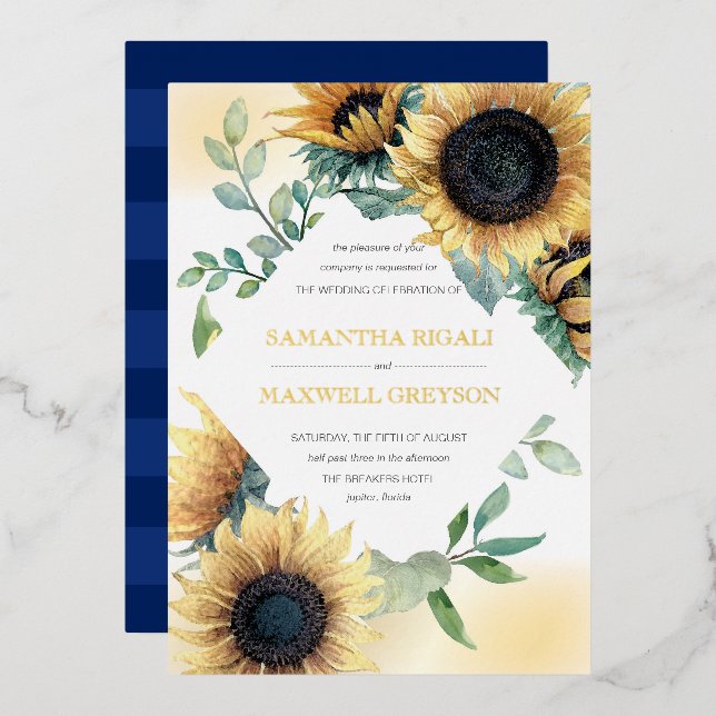Sonnenblume und Navy Blue Rustic Wedding Folieneinladung (Vorderseite/Rückseite)