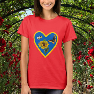 Sonnenblume und Schmetterling Blau und Gelbes Herz T-Shirt